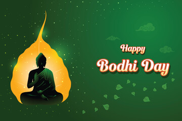 Abstract Buddha's Silhouette On Leaf With Lights Illuminating On Green Background. Concept Design Vector Illustration For Bodhi Day, Buddha Purnima, Vesak, Rohatsu, Makha Bucha Etc.