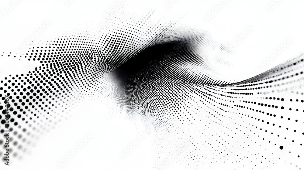 Poster mesmerizing halftone swirl with circular dot motion in minimal black and white design