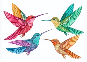 Obraz premium Minimalist Hummingbirds Vector Set - Hand Drawn Illustrations of Four Unique Species for Nature Lovers and Artistic Decor