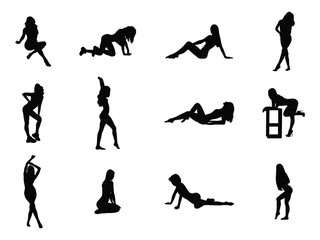 Set of Sexy and Sensual Woman Posing Silhouette in various poses isolated on white background