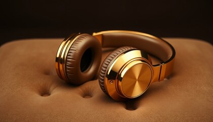 Close up of gold headphones resting on a soft brown surface.