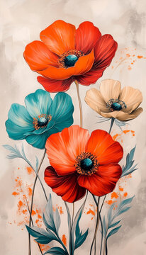 Bright and colorful digital floral wallpaper featuring oversized flowers in red, orange, and teal on a light background, stylized and slightly abstract,