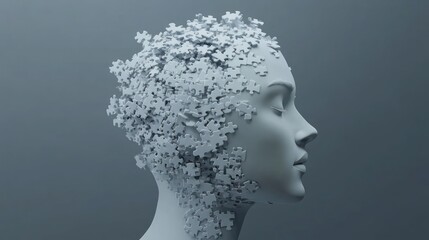 Puzzle Head:  A 3D representation of a human head composed of puzzle pieces.