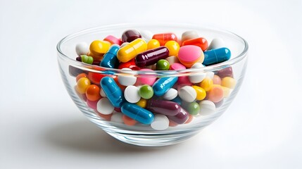 Assorted Colorful Vitamins and Capsules in Glass Bowl for Healthy Nutrition and Supplementary