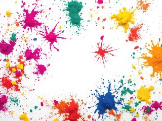 Colorful holi powder scattered on a white background, creating a vibrant and festive atmosphere, Hindu, colorful