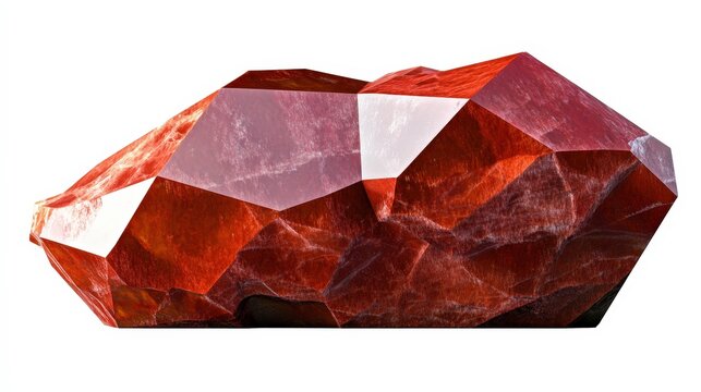 Red jasper gemstone on white background with geometric facets