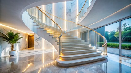 Fototapeta premium Minimalist Marble Staircase Bathed in Natural Light - Elegant Architecture, Serene Design, Modern Interiors, Soft Shadows, Clean Lines, Stylish Aesthetics, Tranquil Ambiance, Luxury Spaces, 