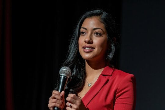 Latinx lady speak on the stage microphone adult performance.