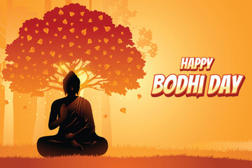 Buddha's Silhouette Meditating Near Peepal Tree Orange Background. Concept Design Vector Illustration For Bodhi Day, Buddha Purnima, Vesak, Rohatsu, Makha Bucha Etc.
