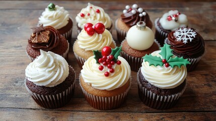 Assortment of mini Christmas cupcakes decorated with holly, snowflakes, and tiny ornaments, displayed on a rustic wooden table