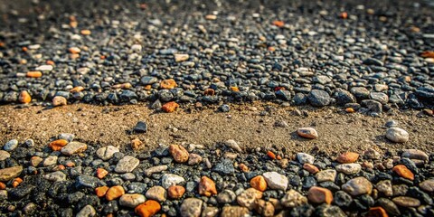 Distressed asphalt texture with loose gravel and small rocks, weathered, worn, outdoor, texture, landscape