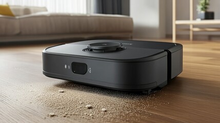 Fototapeta premium Automated vacuum cleaner picking up dust from hardwood, highlighting efficient and effortless cleaning in a smart, tech-enabled home