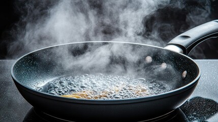 A black pan with spaghetti boiling, bubbling water, steam, and cozy kitchen ambiance, perfect for home cooking scenes