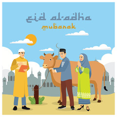 Men and women donate a cow to be sacrificed during the Eid al-Adha holiday. Muslims are in front of the mosque. Eid Al Adha concept. Flat vector illustration.