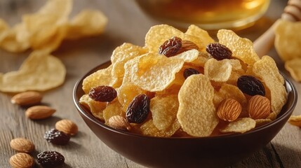 Fototapeta premium A bowl of honey cornflakes with almonds, raisins, and cashews, set on a rustic table with honey drizzle and golden hues for a delicious morning treat