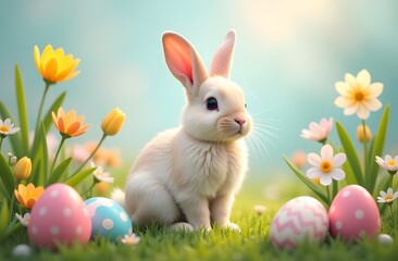 Fototapeta premium Easter background with cute fluffy bunny with Easter eggs on a spring background