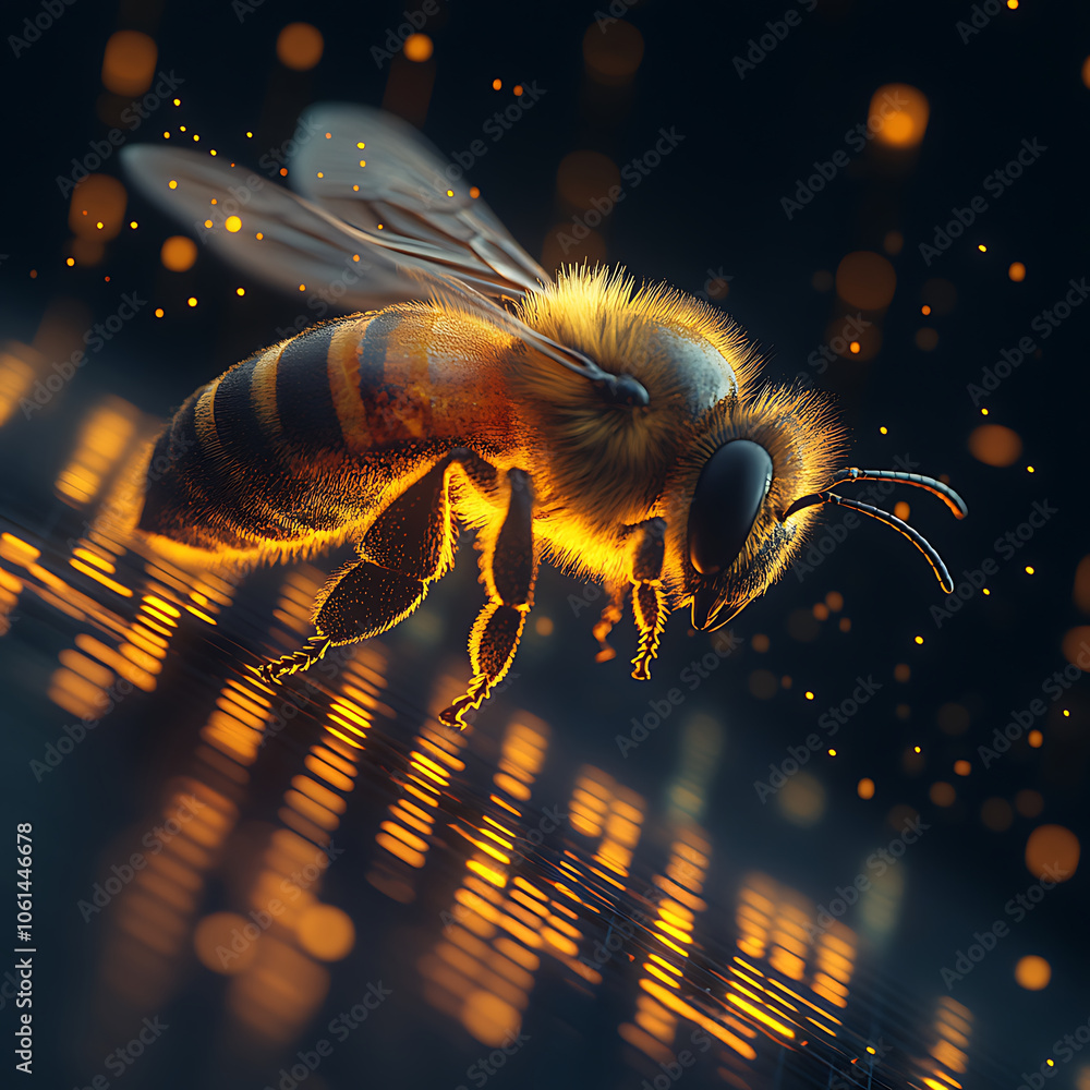 Poster hyperrealistic image of bee flying with glowing effects, showcasing its intricate details and vibran