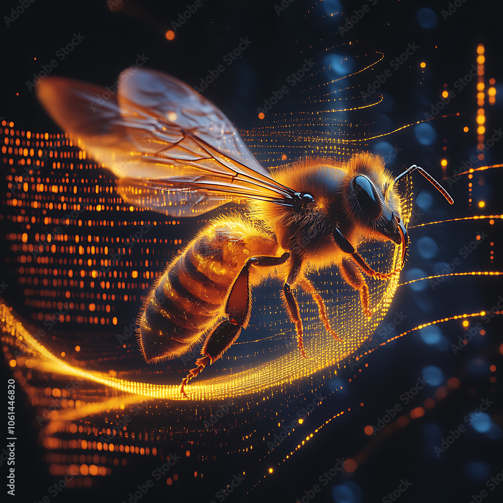 Poster hyperrealistic image of bee flying through digital landscape, showcasing vibrant colors and intricat