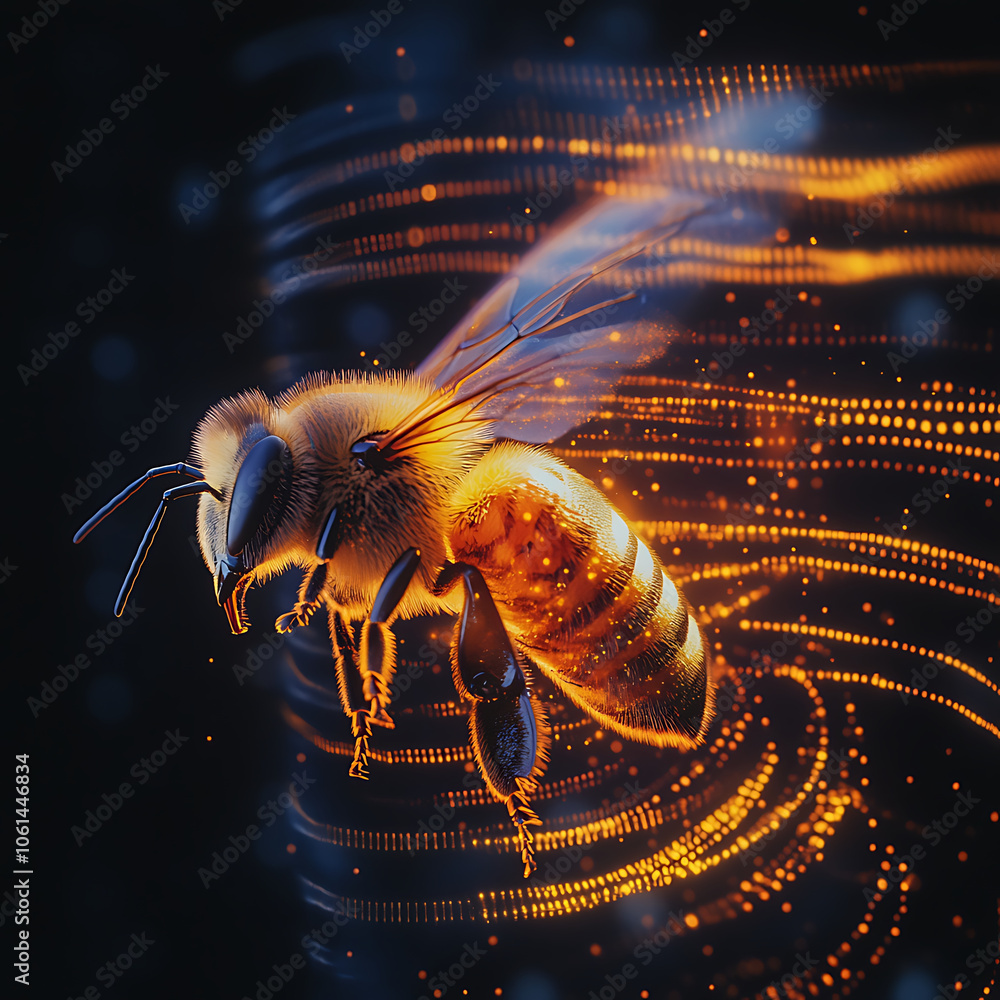Poster hyperrealistic image of bee flying through vibrant, glowing background, showcasing intricate details