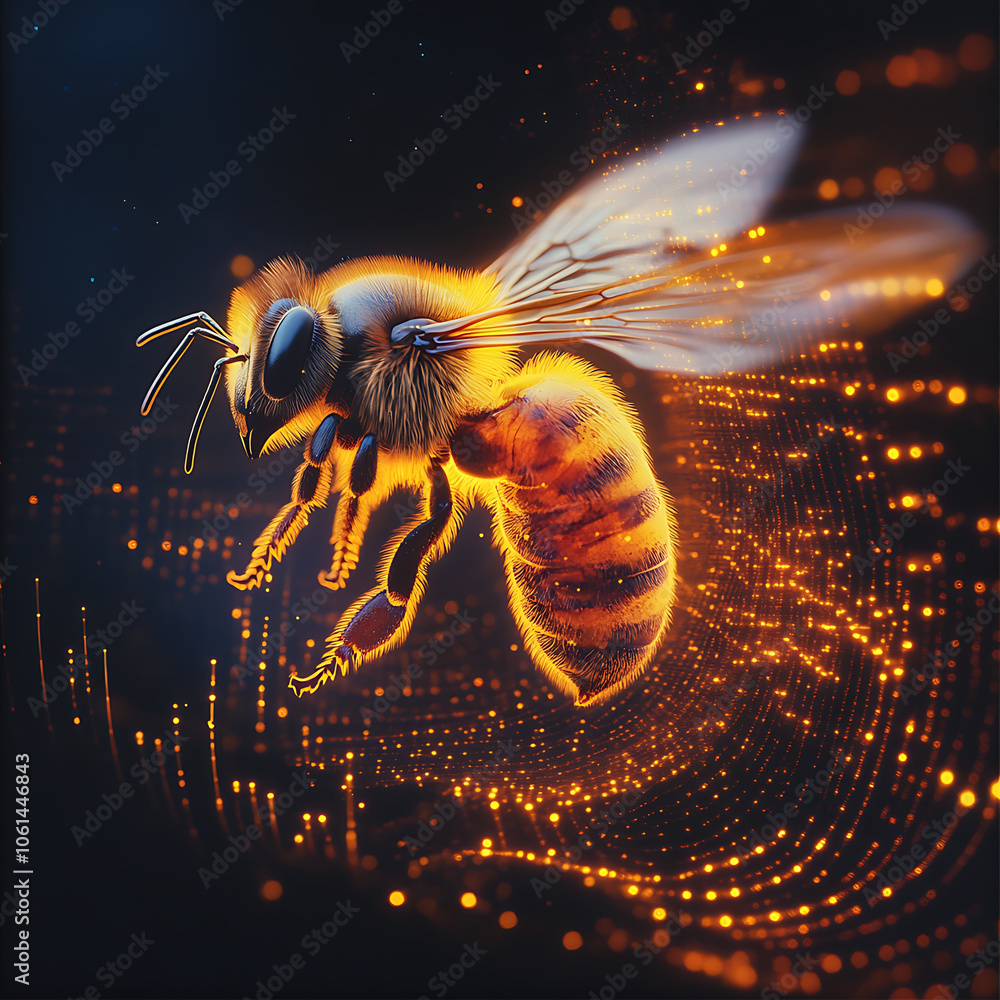 Poster hyperrealistic image of bee flying through vibrant, glowing background, showcasing intricate details