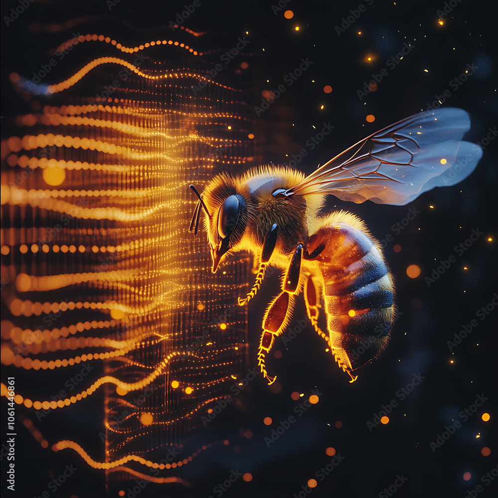 Poster hyperrealistic image of bee flying around glowing patterns, showcasing intricate details and vibrant