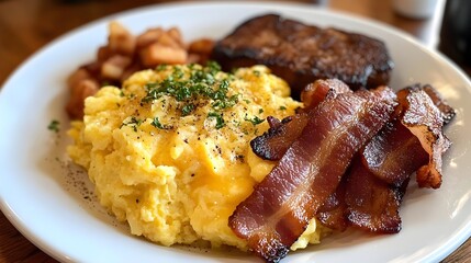 Classic American Breakfast with Fluffy Scrambled Eggs,Bacon,and Hash Browns