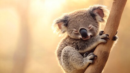 Obraz premium Adorable Koala Bear Hugging a Tree Trunk in a Soft Golden Light