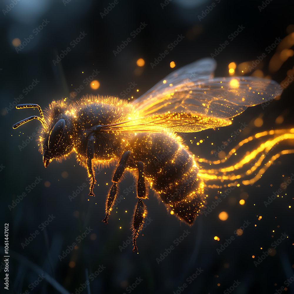 Poster hyperrealistic image of digitally created bee glowing with golden light, surrounded by sparkling par