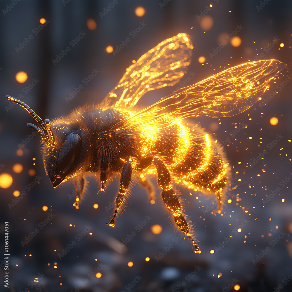 Poster hyperrealistic image of digitally created bee glowing with golden light, surrounded by sparkling par