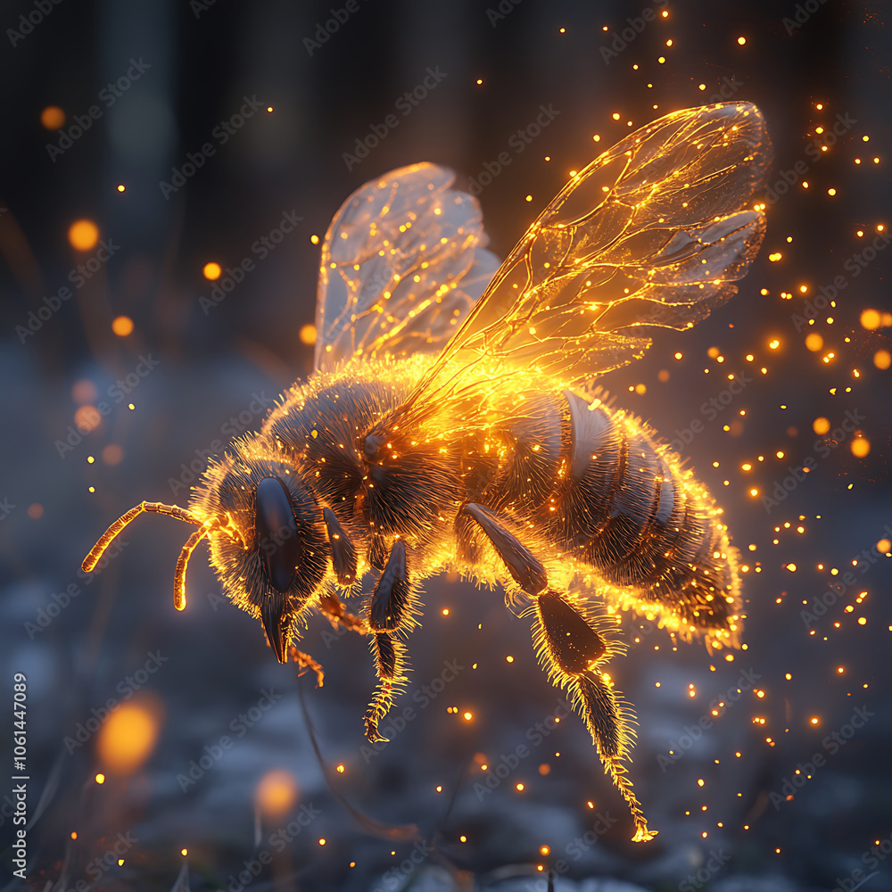 Poster hyperrealistic image of digitally created bee glowing with golden sparks, showcasing intricate detai