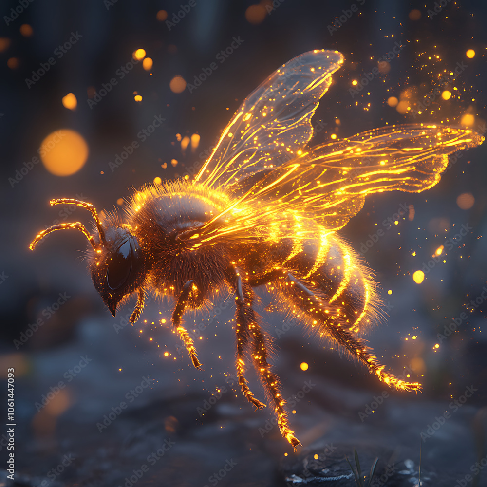 Poster hyperrealistic image of digitally created bee, glowing with golden light and intricate details, show