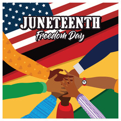 Dark-skinned hands interlocked against the backdrop of the American and Pan-African flags. Celebrating black independence in Africa. Juneteenth concept. Flat vector illustration.