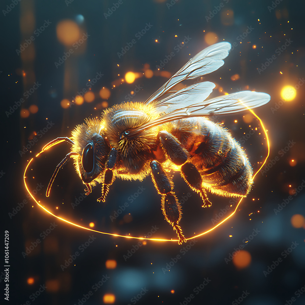 Poster hyperrealistic image of digitally created buzzing bee, showcasing intricate details and glowing effe