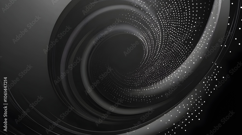 Poster mesmerizing monochrome halftone swirl with dense dot center and subtle gradient effect
