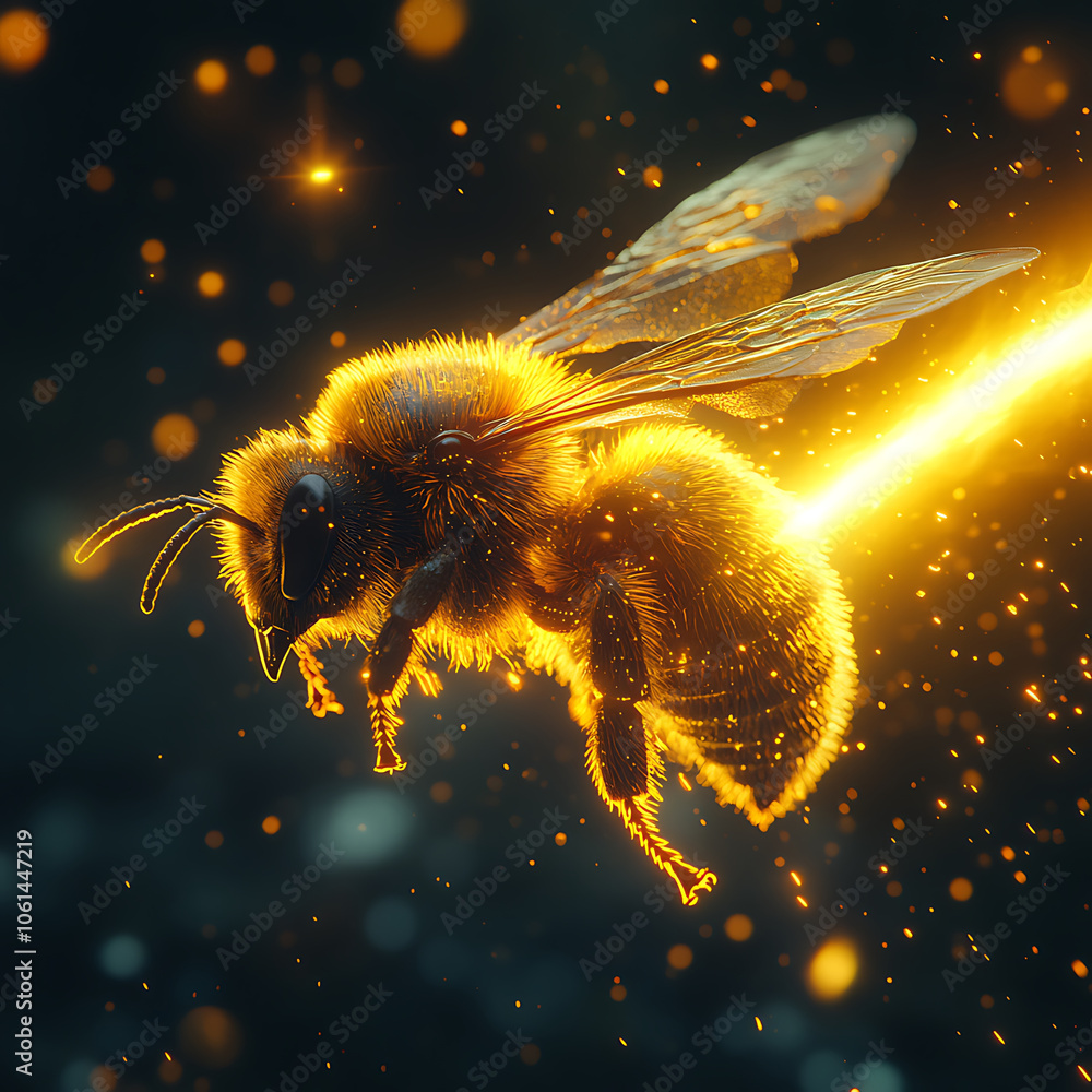 Poster hyperrealistic image of glowing bee in flight, showcasing intricate details and vibrant colors. bee 
