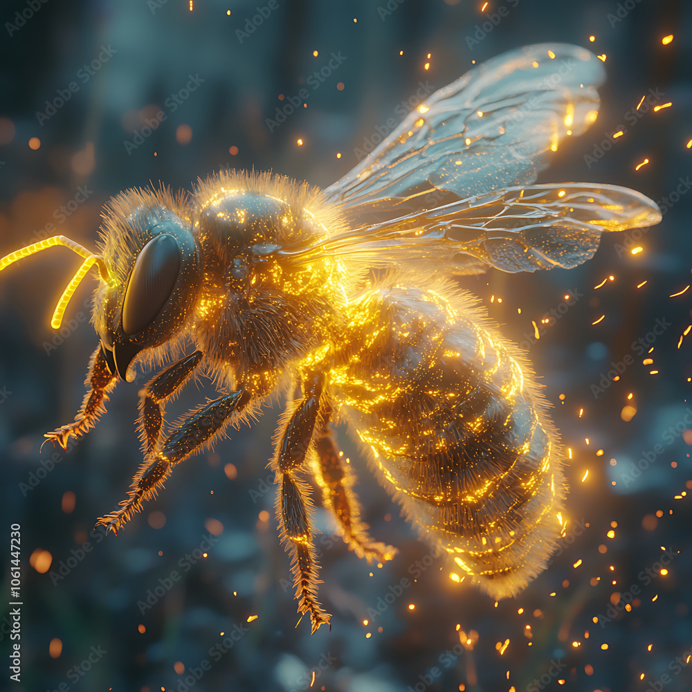 Poster hyperrealistic image of digitally created buzzing bee, glowing with vibrant light and intricate deta