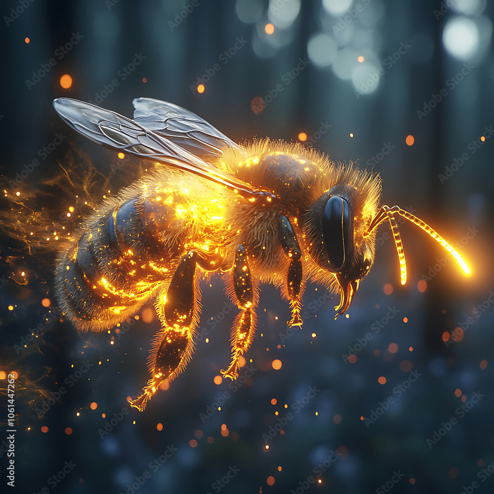 Poster hyperrealistic image of glowing bee in forest, showcasing its intricate details and vibrant colors. 