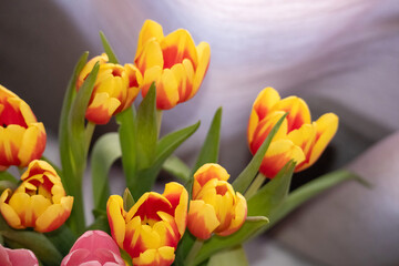 bouquet of flowers with yellow and pink tulips