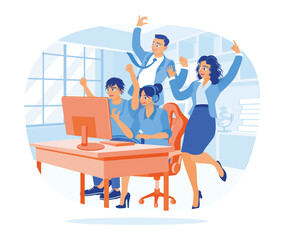 A group of employees cheering happily in front of the computer. People celebrate success at work. Colleagues rejoicing success concept. Flat vector illustration.