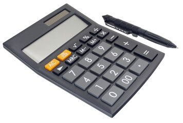 Close up of a black calculator and pen