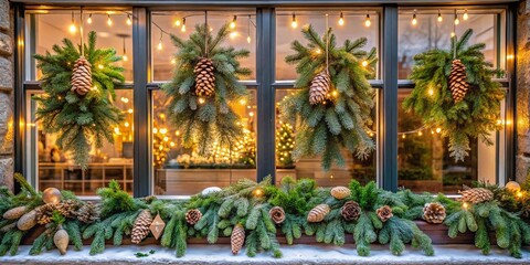 Minimalist Winter Holiday Decorated Window Display with Subtle Twinkling Lights, Soft Textures, and Natural Elements for a Cozy Atmosphere, Perfect for Seasonal Inspiration and Aesthetic Appeal
