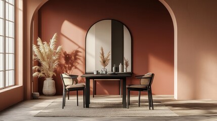 A modern dining area featuring a table, chairs, and decorative plants in a stylish setting.
