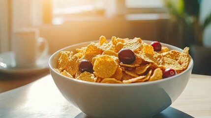 Bowl of honey cornflakes with dry fruits like walnuts and cranberries, with honey drizzle and a cozy breakfast setup in the background