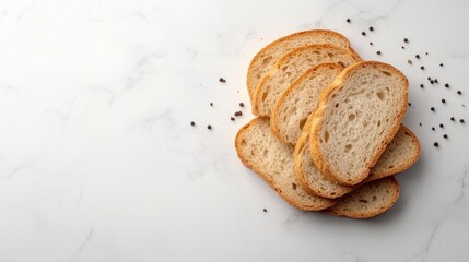 Toasted Bread Slices with Peppercorns on White Marble Background