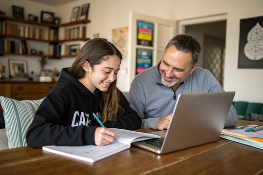 Father child home family homework daughter girl cheerful teenage parent education laptop teen teaching childhood man learning together school computer internet teacher tutor black