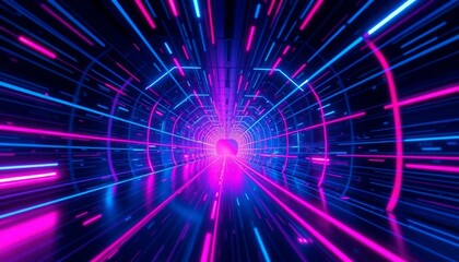 A futuristic tunnel with glowing blue and pink lights.