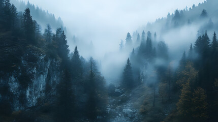 Naklejka premium A hidden valley wrapped in fog, holding untold mysteries.