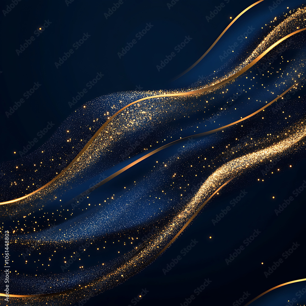 Poster elegant gold glitter lines flow across deep blue background, creating luxurious and captivating visu