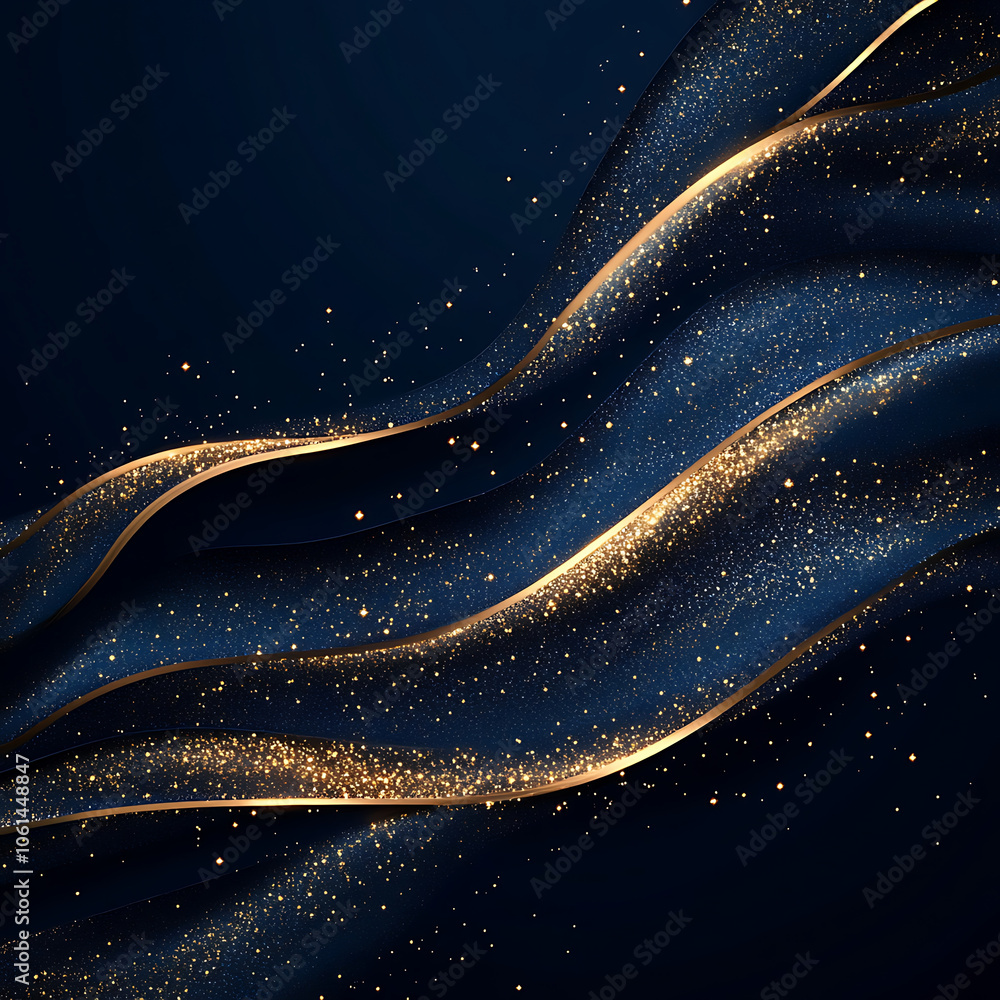 Poster elegant gold glitter lines flow across deep blue background, creating luxurious and captivating visu