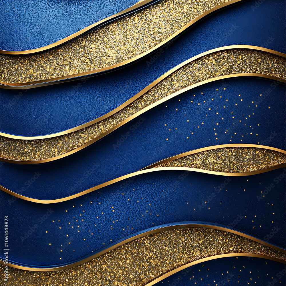 Poster elegant blue background with gold glitter waves creating luxurious texture. shimmering lines add dep